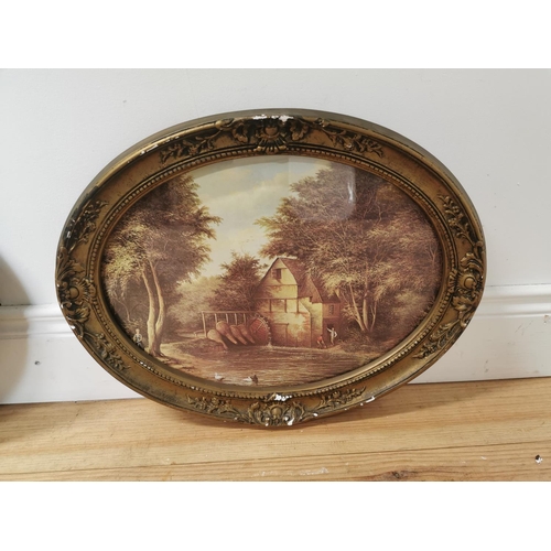 1006 - Pair of Farmyard scene coloured prints mounted in oval giltwood frames { 38cm H X 48cm W }.