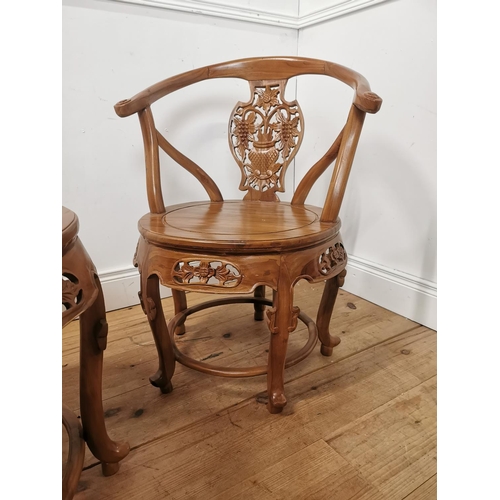 1008 - Three piece Oriental carved hardwood suite  - Two armchairs { 80cm H X 64cm Sq }  and a coffee table... 