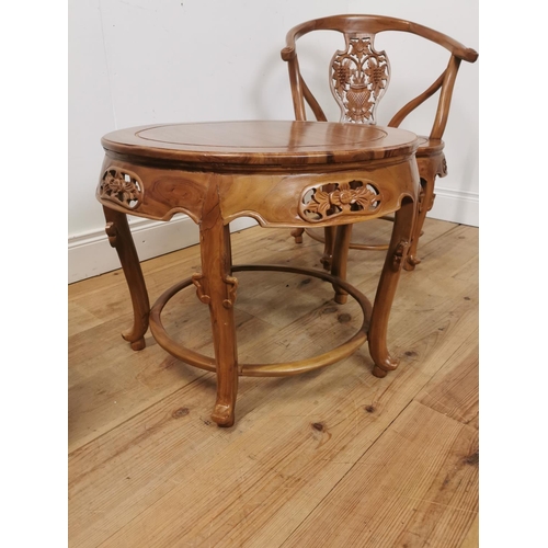 1008 - Three piece Oriental carved hardwood suite  - Two armchairs { 80cm H X 64cm Sq }  and a coffee table... 