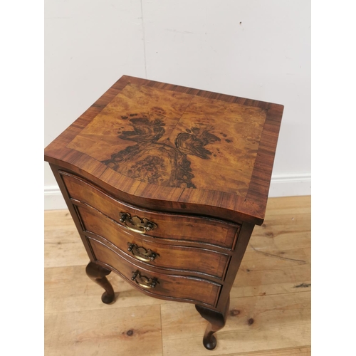 1010 - Edwardian burr walnut bedside locker with three graduated drawers raised on cabriole legs { 74cm H X... 