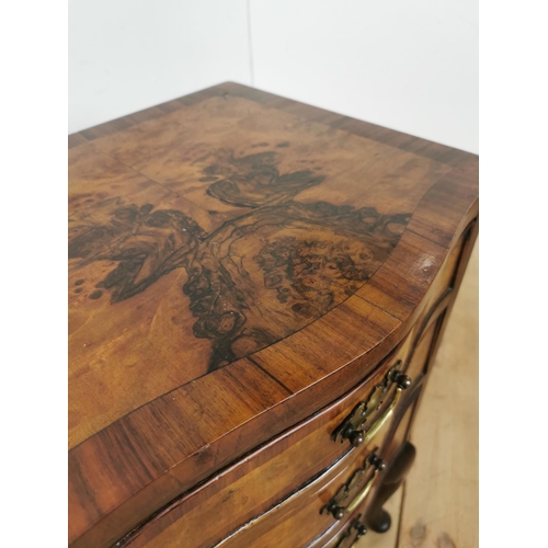 1010 - Edwardian burr walnut bedside locker with three graduated drawers raised on cabriole legs { 74cm H X... 