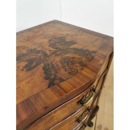 1010 - Edwardian burr walnut bedside locker with three graduated drawers raised on cabriole legs { 74cm H X... 