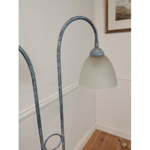 1012 - Vintage painted metal two branch standard lamp with glass shades { 153cm H X 53cm W X 30cm D }.