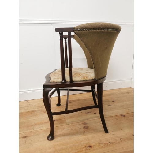 1024 - Edwardian mahogany upholstered open armchair raised on cabriole legs { 84cm H X 57cm W X 60cm D }.