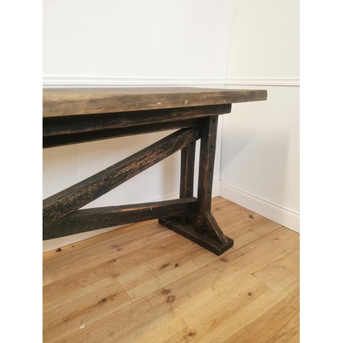 103 - Good quality rustic painted oak kitchen island/side table with single plank top raised on trestle le... 