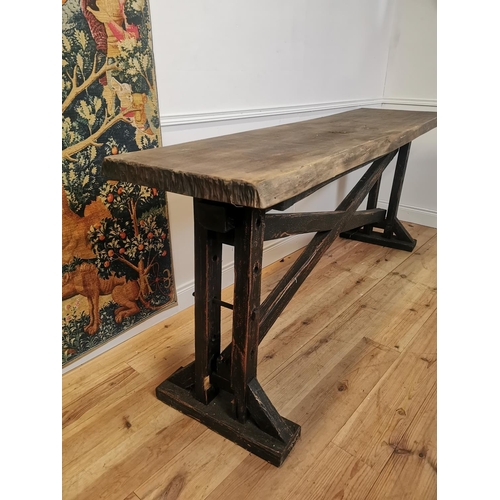 103 - Good quality rustic painted oak kitchen island/side table with single plank top raised on trestle le... 