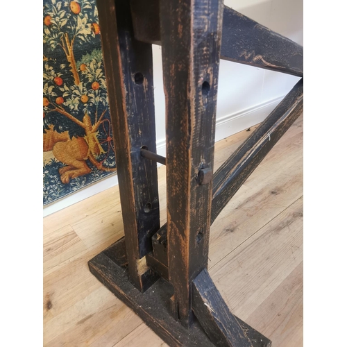 103 - Good quality rustic painted oak kitchen island/side table with single plank top raised on trestle le... 