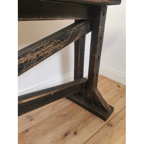 103 - Good quality rustic painted oak kitchen island/side table with single plank top raised on trestle le... 