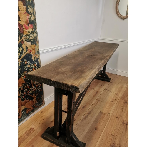 103 - Good quality rustic painted oak kitchen island/side table with single plank top raised on trestle le... 