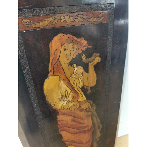 1034 - Early 20th. C. poker work wall plaque depicting a Lady { 92cm H X 35cm W }.