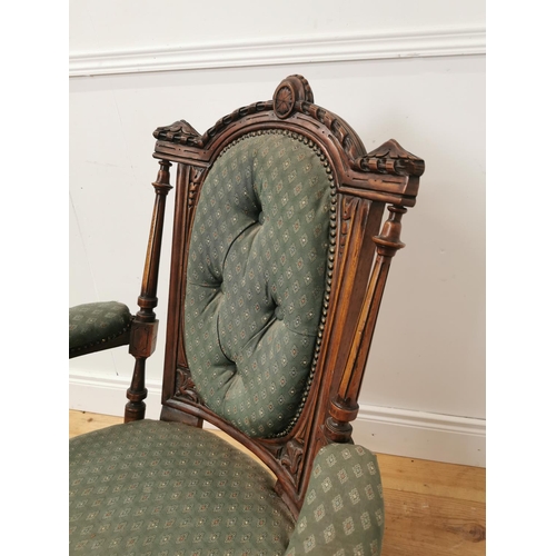 1037 - 19th. C. upholstered walnut open armchair raised on turned legs { 95cm H X 70cm W X 70cm D }.