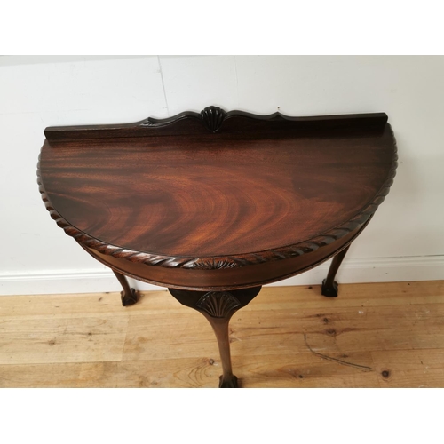 1054 - 1950's mahogany demi - lune side table raised on cabriole legs { 84cm H X 84cm W X46cm D }.