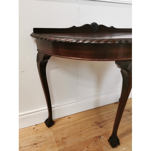 1054 - 1950's mahogany demi - lune side table raised on cabriole legs { 84cm H X 84cm W X46cm D }.