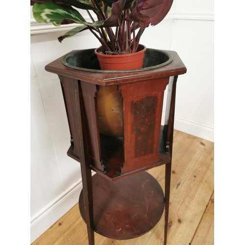 1056 - Art Nouveau inlaid mahogany jardieiere with original brass bowl { 93cm H X 33cm Dia }.