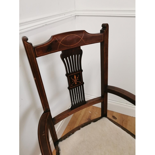 1058 - Edwardian inlaid mahogany open armchair raised on cabriole legs { 100cm H X 60cm W X 50cm D }.