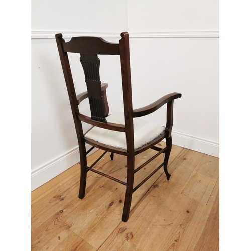 1058 - Edwardian inlaid mahogany open armchair raised on cabriole legs { 100cm H X 60cm W X 50cm D }.