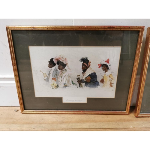 1060 - Pair of coloured prints mounted in gilt frames  - Church Parade & Village Choir { 32cm H X 43cm W }.