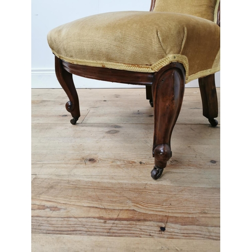 1066 - 19th. C. upholstered mahogany nursing chair raised on cabriole legs { 89cm H X 53cm W X 70cm D }.