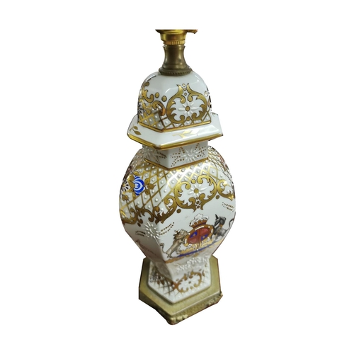 107 - Pair of ceramic and brass table lamps decorated with amorial crests with shades { 44cm H }.