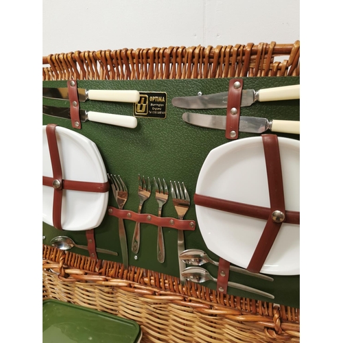 1071 - Vintage picnic set in original wicker basket { 20cm H X 60cm W X 33cm D }.