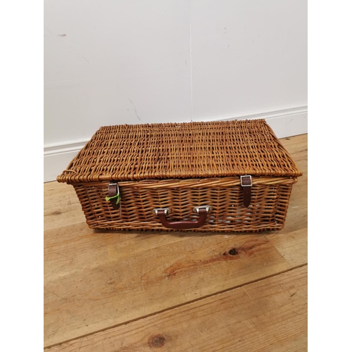 1071 - Vintage picnic set in original wicker basket { 20cm H X 60cm W X 33cm D }.