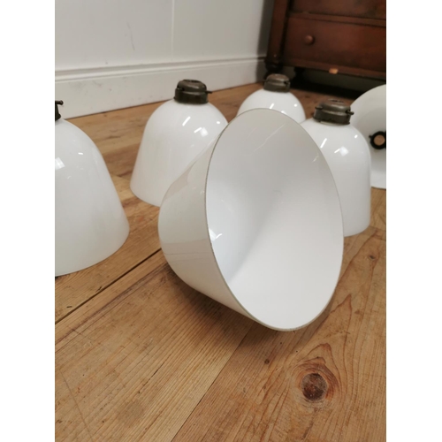 1076 - Set of six 1940's opaline glass hanging shades with origianl brass brackets { 23cm H X 22cm Dia }.