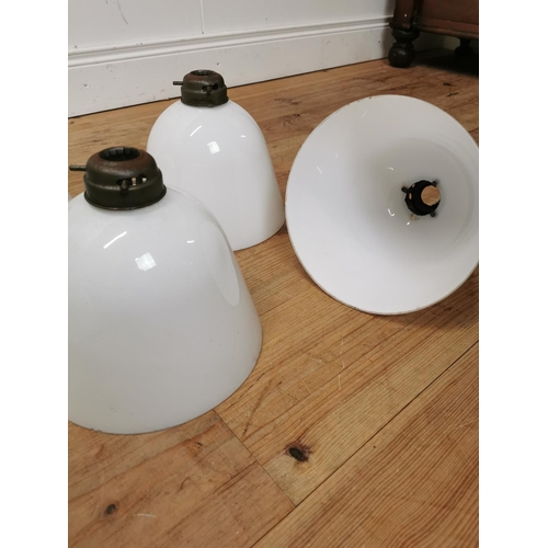 1076 - Set of six 1940's opaline glass hanging shades with origianl brass brackets { 23cm H X 22cm Dia }.