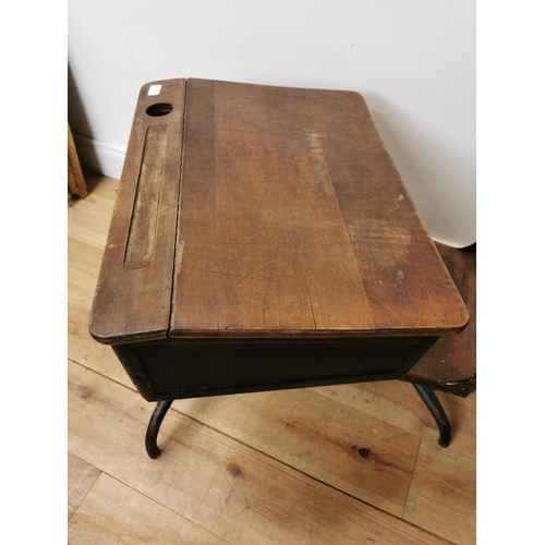 1081 - 1950's pine and metal child's school swivel desk { 60cm H X 60cm W X 70cm D }.