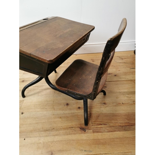 1081 - 1950's pine and metal child's school swivel desk { 60cm H X 60cm W X 70cm D }.