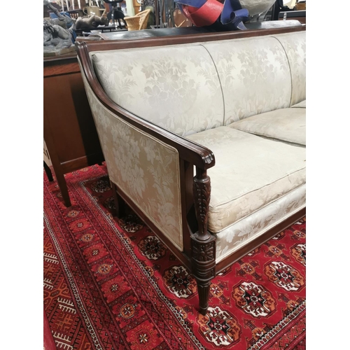 1095 - 20th. C. upholstered mahogany four seater couch raised on turned legs in the Regency style { 82cm H ... 