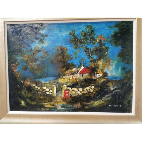 1105 - Paul Proud - Oil on Board - Cottage Scene mounted in gilt frame. Circa 1990 {60 cm H x 84 cm W}