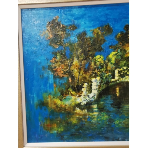 1110 - Paul Proud - Oil on Board - Untitled Woodland and Lake Scene mounted in gilt frame { 60 cm H x 85 cm... 