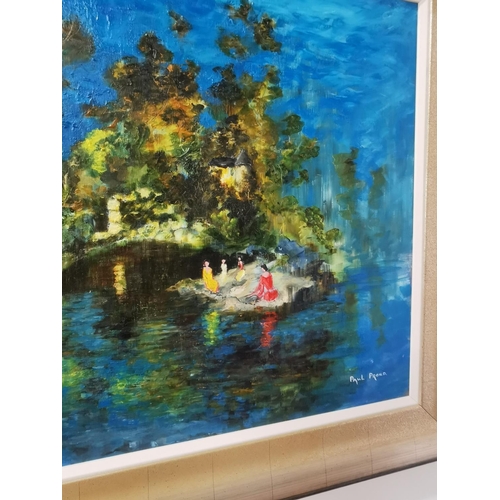 1110 - Paul Proud - Oil on Board - Untitled Woodland and Lake Scene mounted in gilt frame { 60 cm H x 85 cm... 