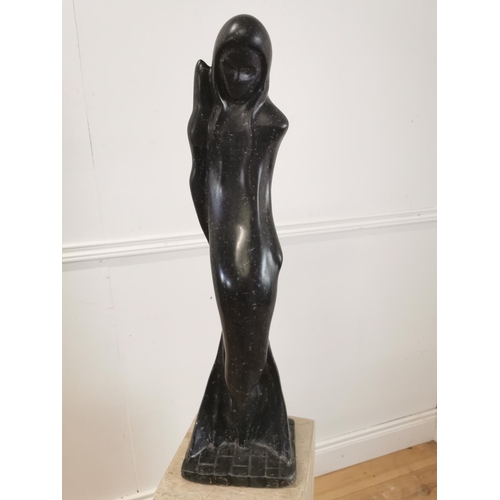 1123 - Model of Lady in polished black marble on cream marble polished plinth. {145 cm H x 25 cm W x 25 cm ... 