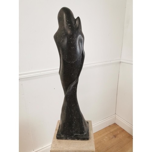 1123 - Model of Lady in polished black marble on cream marble polished plinth. {145 cm H x 25 cm W x 25 cm ... 