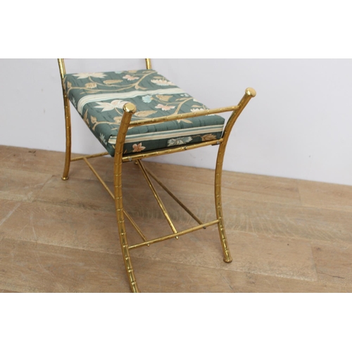 116 - Brass window seat with upholstered seat the frame in the style of bamboo. { 52cm H X 63cm W X 32cm D... 