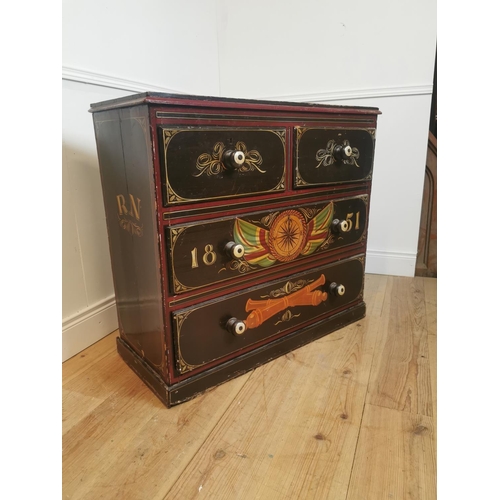 139 - 19th C. pine chest of drawers painted with Naval Scenes. {86 cm H x 95 cm W x 42 cm D}.