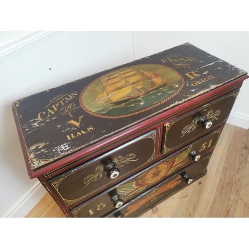 139 - 19th C. pine chest of drawers painted with Naval Scenes. {86 cm H x 95 cm W x 42 cm D}.