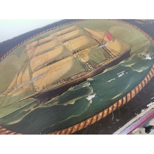 139 - 19th C. pine chest of drawers painted with Naval Scenes. {86 cm H x 95 cm W x 42 cm D}.