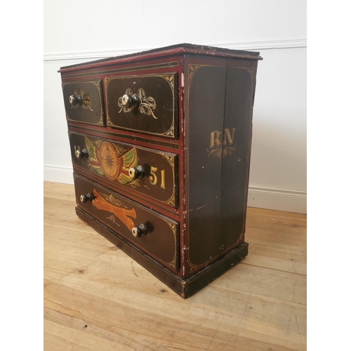 139 - 19th C. pine chest of drawers painted with Naval Scenes. {86 cm H x 95 cm W x 42 cm D}.