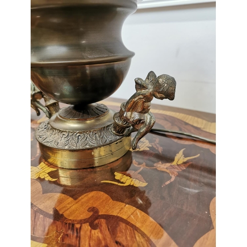 152 - Unusual brass table lamp with amber glass shade {40cm H x 23cm Dia.}