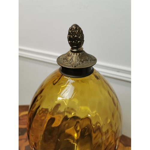 152 - Unusual brass table lamp with amber glass shade {40cm H x 23cm Dia.}