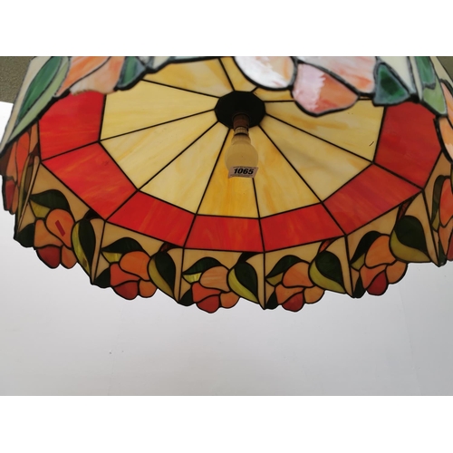 154 - Leaded glass hanging light shade in the Tiffany style {31cm H x 56cm Dia.}