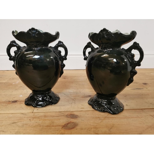 168 - Pair of 19th C. hand painted ceramic vases with gilded decoration. {32 cm H  x 22 cm W x 12 cm D}