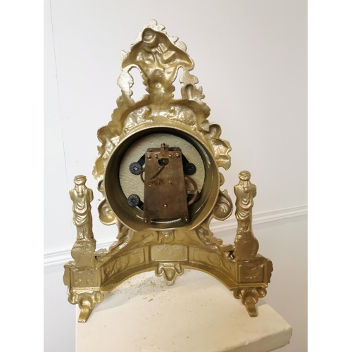 169 - 19th C. decorative cast iron mantle clock in the Rococo style. {43 cm H x 34 cm W x 15 cm D}.