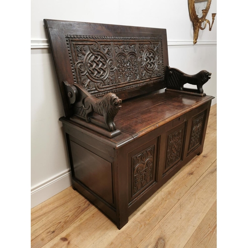 170 - 18th C. and later carved oak Monk's bench {112 cm H x 118 cm W x 54 cm D}.