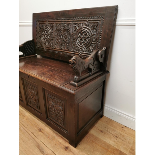 170 - 18th C. and later carved oak Monk's bench {112 cm H x 118 cm W x 54 cm D}.