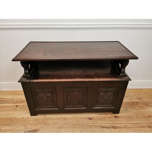 170 - 18th C. and later carved oak Monk's bench {112 cm H x 118 cm W x 54 cm D}.
