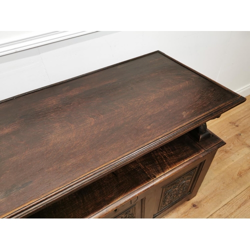 170 - 18th C. and later carved oak Monk's bench {112 cm H x 118 cm W x 54 cm D}.
