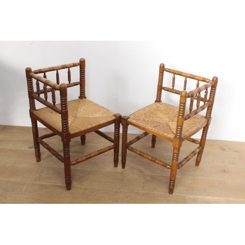 172 - Pair of late 19th. C. oak bobbin corner chairs with rattan seats { 70cm H X 43cm Sq }.